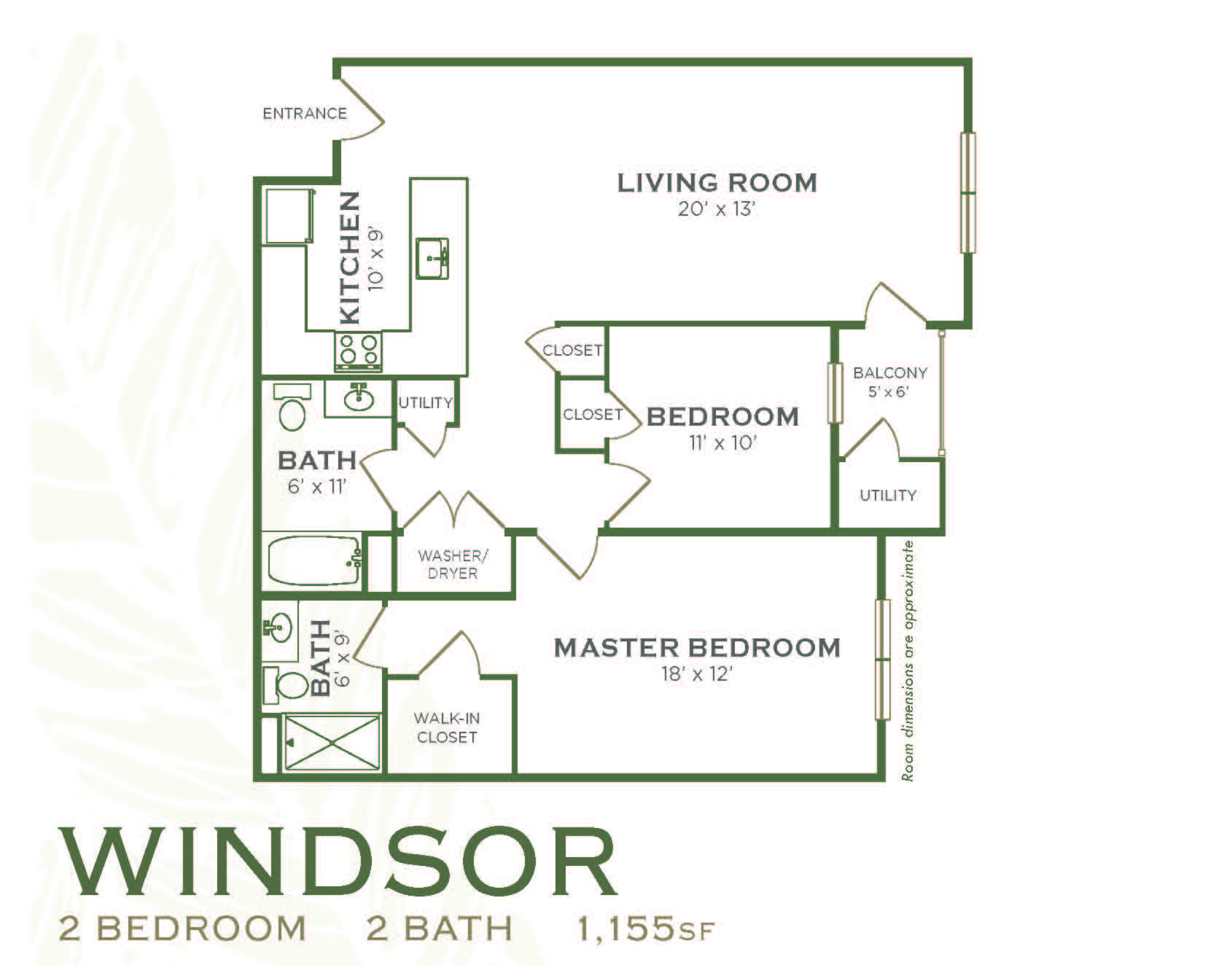 Floor plan for 2 beds, 2 baths, 1155 sqft